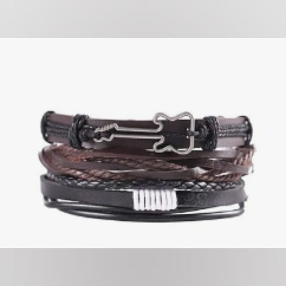 3pc Men's leather bracelets set layered guitar braided brown‎ new e34